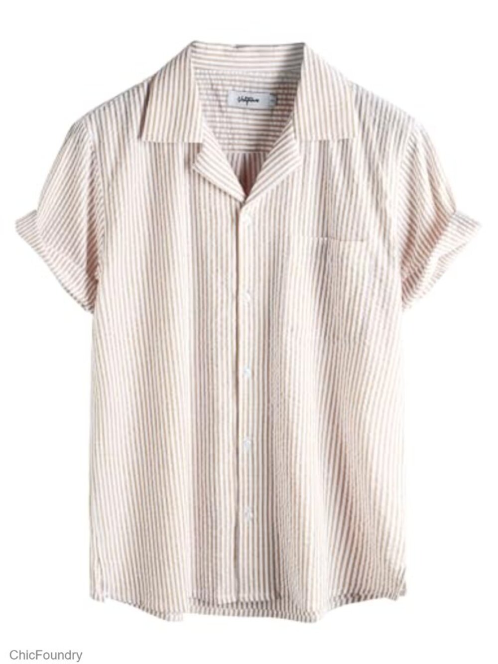 Men's Striped Seersucker Button Down Shirt Cuban Collar Short Sleeve Casual